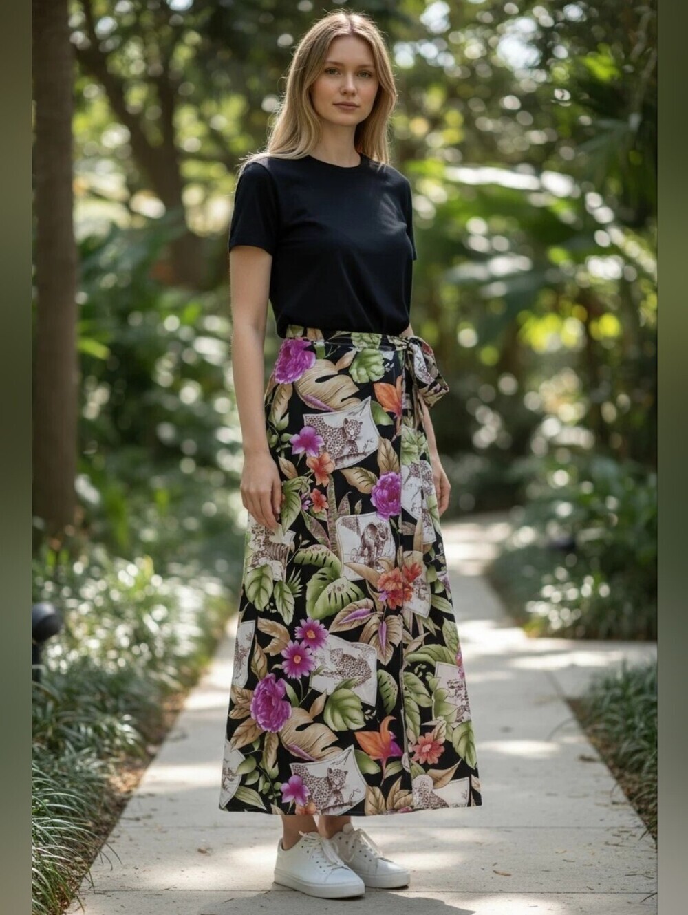 Tropical Floral Maxi Wrap Skirt in Black with Pink & Green